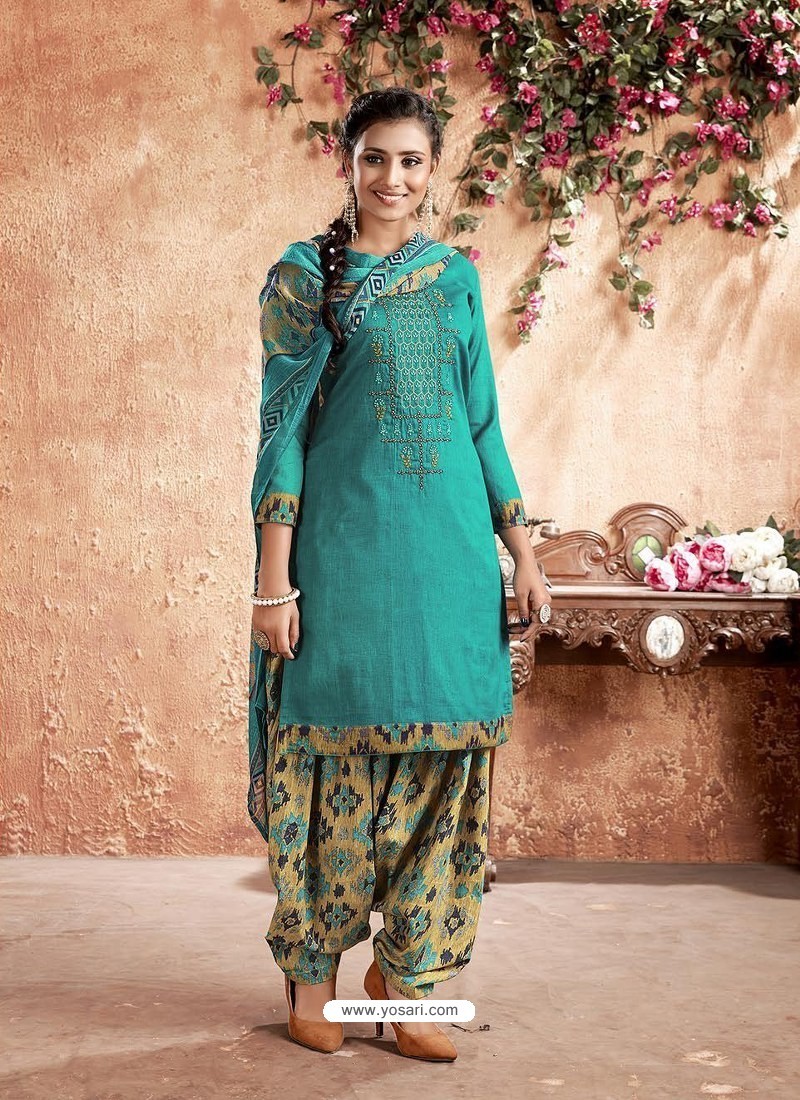 Buy Turquoise Designer Party Wear Pure Cotton Punjabi Patiala Suit ...