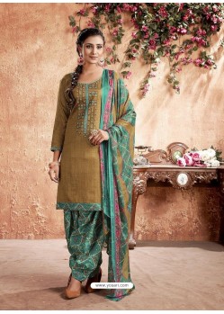 Beige Designer Party Wear Pure Cotton Punjabi Patiala Suit