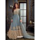 Aqua Grey Latest Designer Heavy Embroidered Party Wear Anarkali Suit