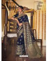 Navy Blue Designer Classic Wear Jacquard Silk Sari