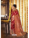 Red Designer Classic Wear Jacquard Silk Sari