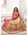 Imposing Red And Beige Embroidered Work Silk A Line Lehenga Choli