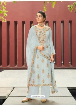 Aqua Grey Designer Silk Minakari Jacquard Palazzo Salwar Suit