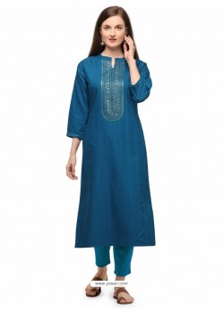 Teal Blue Designer Casual Wear Fancy Liling Silk Kurti