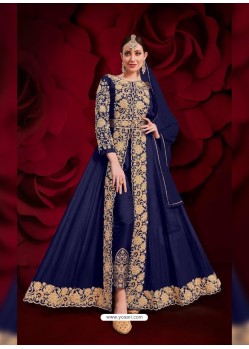 Dark Blue Latest Designer Heavy Embroidered Party Wear Front-Cut Anarkali Suit
