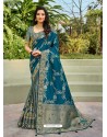 Teal Blue Dazzling Designer Wedding Wear Silk Sari