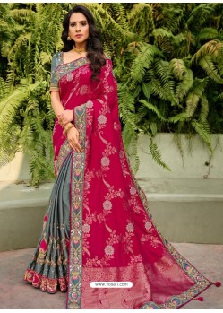Rose Red Dazzling Designer Wedding Wear Silk Sari