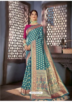 Teal Blue Designer Traditional Wear Art Silk Sari