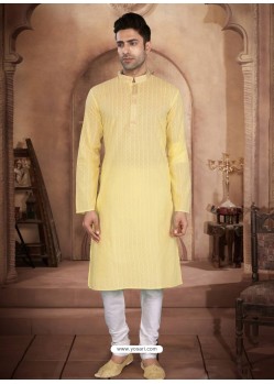 Light Yellow Readymade Designer Party Wear Kurta Pajama For Men