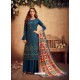 Teal Blue Designer Party Wear Pure Viscose Chinnon Chiffon Palazzo Suit