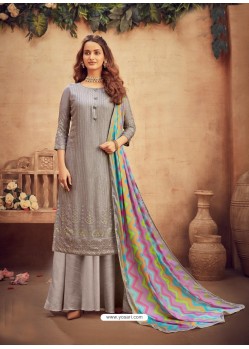 Grey Designer Party Wear Pure Viscose Chinnon Chiffon Palazzo Suit