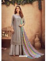 Grey Designer Party Wear Pure Viscose Chinnon Chiffon Palazzo Suit