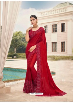 Red Designer Party Wear Satin Georgette Sari