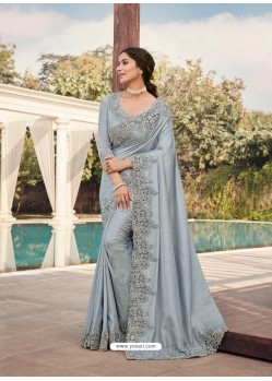 Light Grey Designer Party Wear Satin Georgette Sari