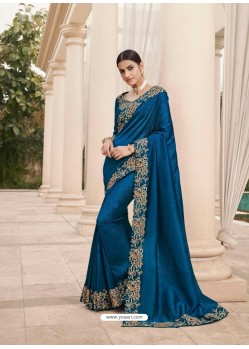 Teal Blue Designer Party Wear Satin Georgette Sari