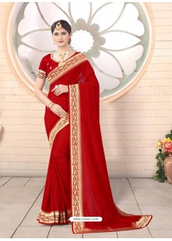 Red Designer Party Wear Vichitra Bloming Silk Sari