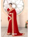 Red Designer Party Wear Vichitra Bloming Silk Sari