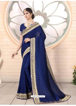 Royal Blue Designer Party Wear Vichitra Bloming Silk Sari