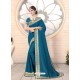 Teal Blue Designer Party Wear Vichitra Bloming Silk Sari