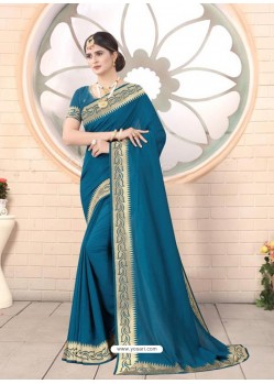 Teal Blue Designer Party Wear Vichitra Bloming Silk Sari