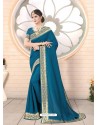 Teal Blue Designer Party Wear Vichitra Bloming Silk Sari