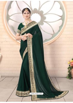 Dark Green Designer Party Wear Vichitra Bloming Silk Sari