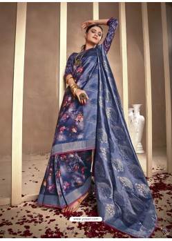 Dark Blue Latest Designer Party Wear Silk Sari