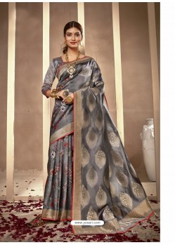 Grey Latest Designer Party Wear Silk Sari