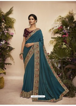 Teal Blue Designer Party Wear Chanderi Silk Sari