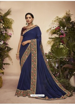 Dark Blue Designer Party Wear Chanderi Silk Sari