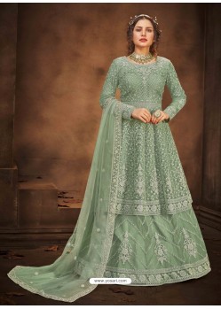 Grayish Green Stylish Designer Embroidered Lehenga Style Wedding Suit