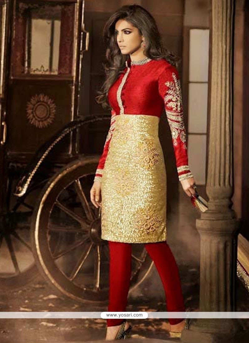 Priyanka Chopra Red And Golden Silk Churidar Suit
