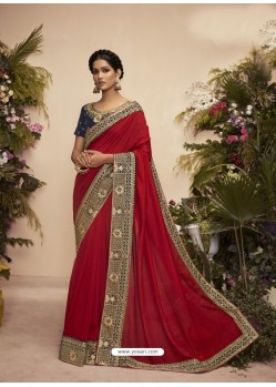 Tomato Red Designer Party Wear Chanderi Silk Sari