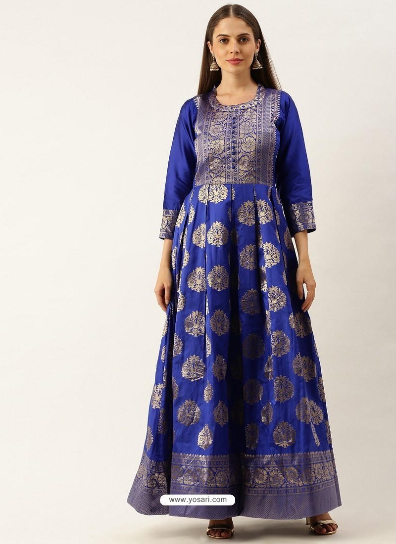 Royal Blue Embellished With Embroidered Cotton Kurti