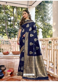 Navy Blue Latest Designer Party Wear Jacquard Soft Silk Sari