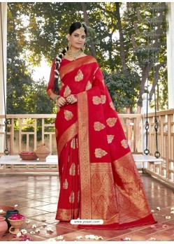 Red Latest Designer Party Wear Jacquard Soft Silk Sari