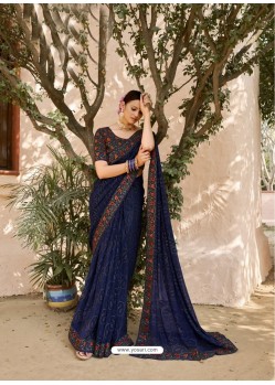 Navy Blue Designer Casual Wear Printed Sari