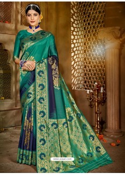 Teal Latest Designer Traditional Wear Jacquard Silk Sari