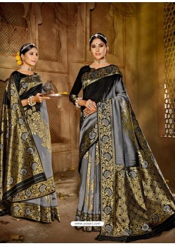 Grey Latest Designer Traditional Wear Jacquard Silk Sari