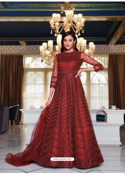 Maroon Elegant Latest Designer Net Party Wear Anarkali Suit