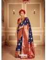 Dark Blue Latest Designer Party Wear Banarasi Silk Sari