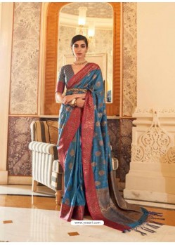 Teal Blue Latest Designer Party Wear Tussar Silk Sari