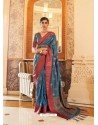 Teal Blue Latest Designer Party Wear Tussar Silk Sari