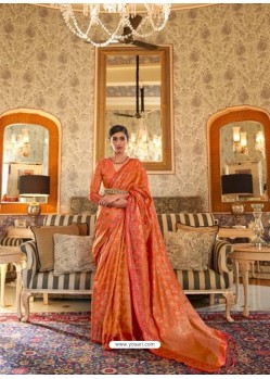 Orange Latest Designer Party Wear Tussar Silk Sari