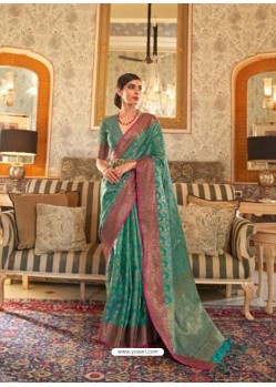 Teal Latest Designer Party Wear Tussar Silk Sari