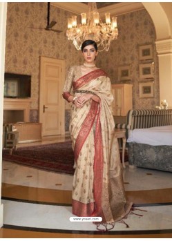 Cream Latest Designer Party Wear Tussar Silk Sari