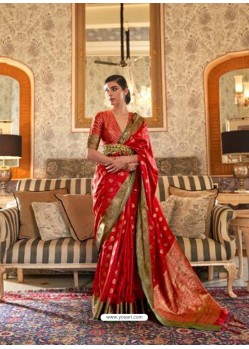 Red Latest Designer Party Wear Tussar Silk Sari