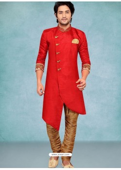 Red Readymade Designer Party Wear Kurta Pajama For Men