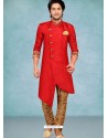 Red Readymade Designer Party Wear Kurta Pajama For Men