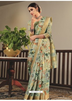 Sea Green Designer Traditional Party Wear Linen Sari